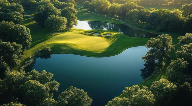 Golf green bordered by a winding water hazard, golden hour sunlight through lush trees