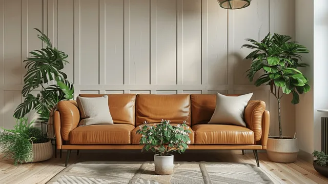 Brown leather sofa sits on a rug before white wooden wall paneling with pillows, lamp, and potted plants.