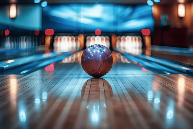 A purple bowling ball rolls down a brightly lit lane toward blurred pins.