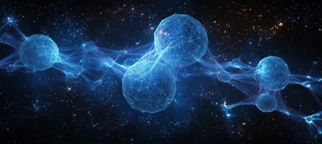 Futuristic molecular network glows across dark medical science background with floating atom nodes