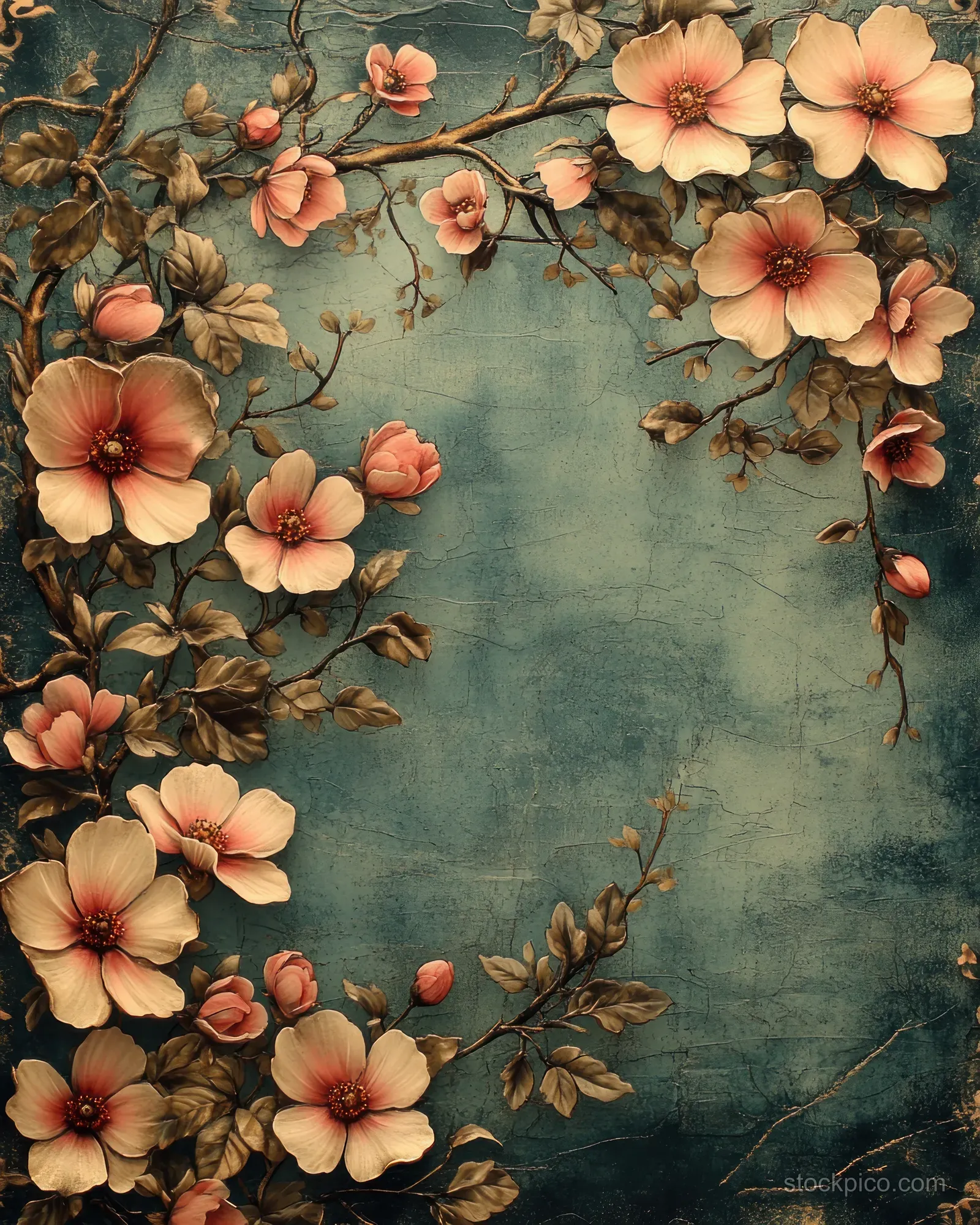 Vintage floral border with pink and peach blossoms and swirling vines on a muted blue background.