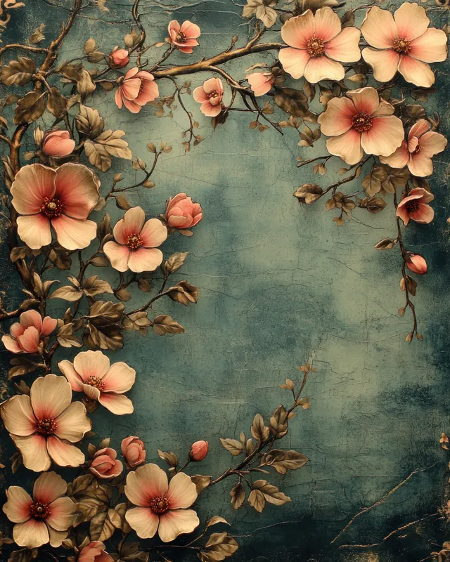 Vintage floral Art Nouveau border with blooming flowers and swirling vines on muted background