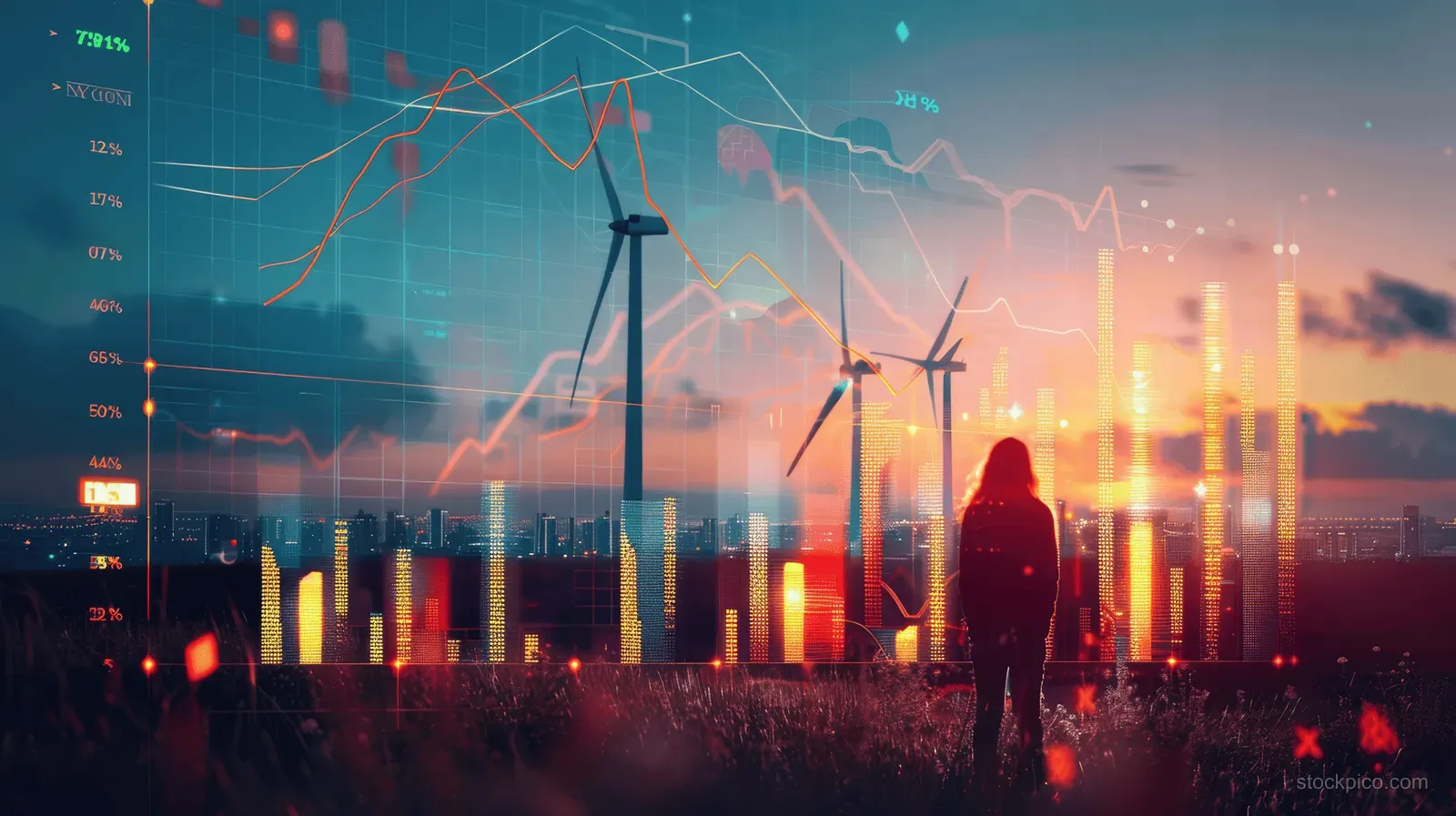Silhouetted person watches wind turbines as an electricity price chart rises over a lit city skyline.