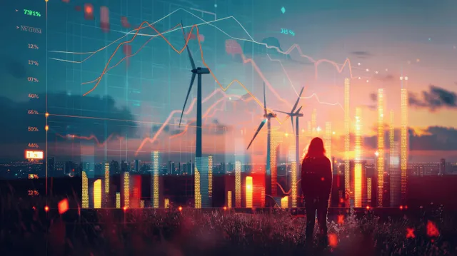 Person silhouetted by wind turbines as electricity price chart rises across a global city skyline