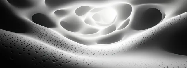 Chiaroscuro abstract monochrome waves forming a glowing cavern-like ridge