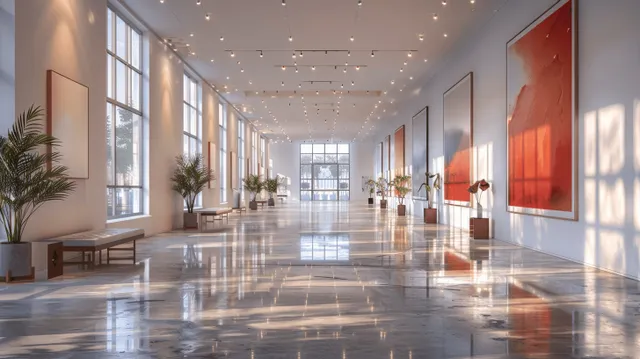 Minimalist gallery corridor with abstract paintings, sculptures, and soft daylight through tall windows