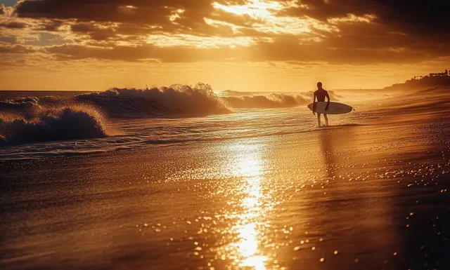 Silhouette of a surfer walking with a surfboard on a wet beach during sunset with waves crashing.