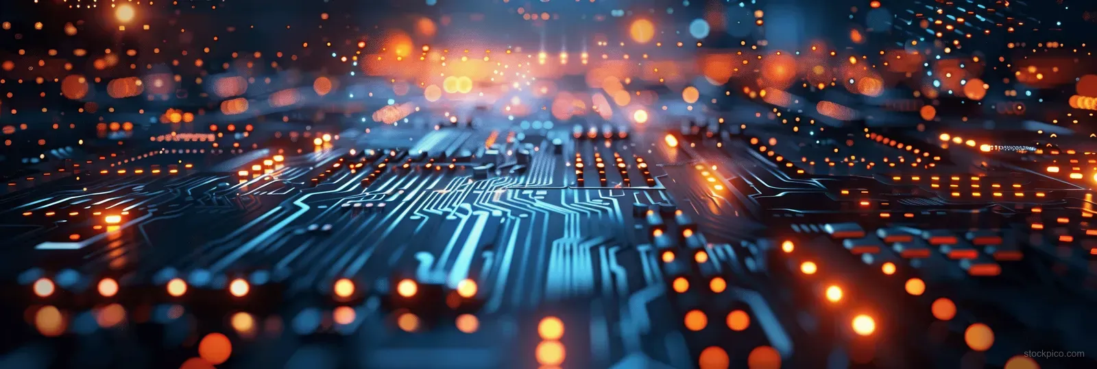 Glowing blue circuit lines and orange data nodes form a futuristic neural network background with depth.