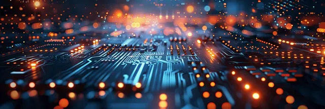 Glowing neural circuit lines transferring data across a futuristic abstract digital landscape
