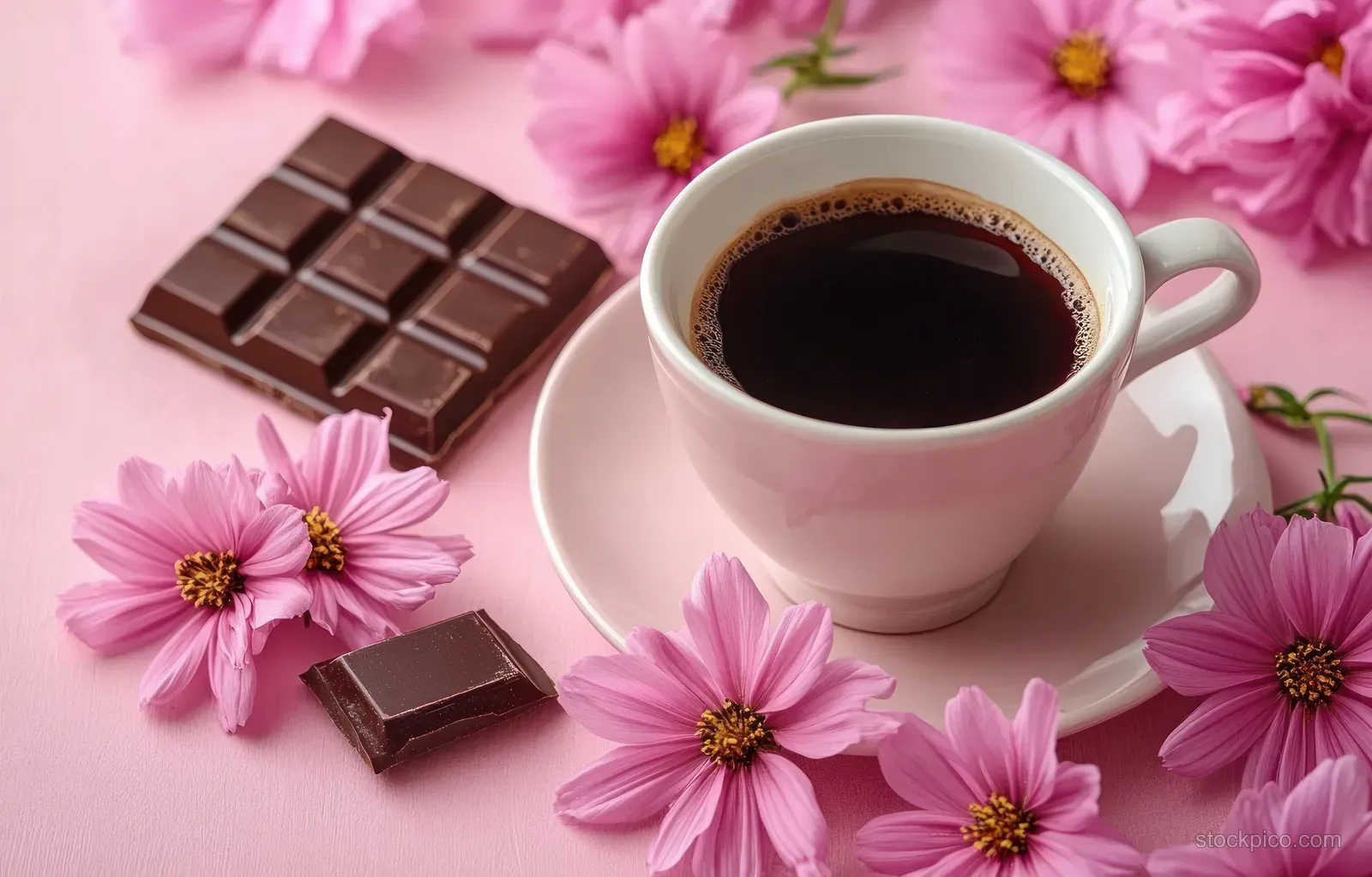 White cup of black coffee on a saucer with pink blossoms and dark chocolate pieces on a pastel pink background.