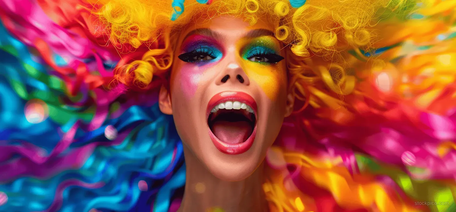 A smiling drag queen with a yellow wig and colorful makeup in front of a vibrant rainbow swirl background.
