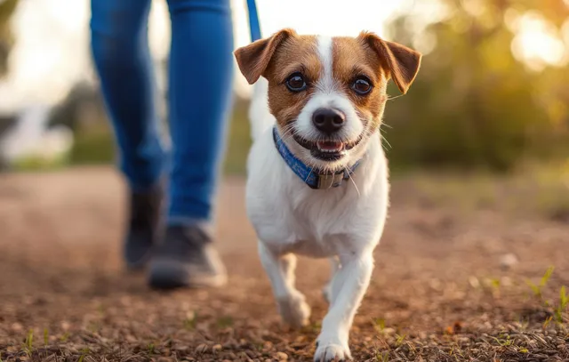 Small brown-and-white dog trotting on a sunlit dirt path with a person in blue jeans walking behind.