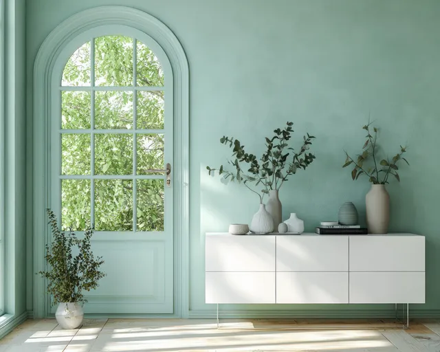 Mint-green wall and white sideboard beneath an arched window with potted plants and sunlit floor shadows.