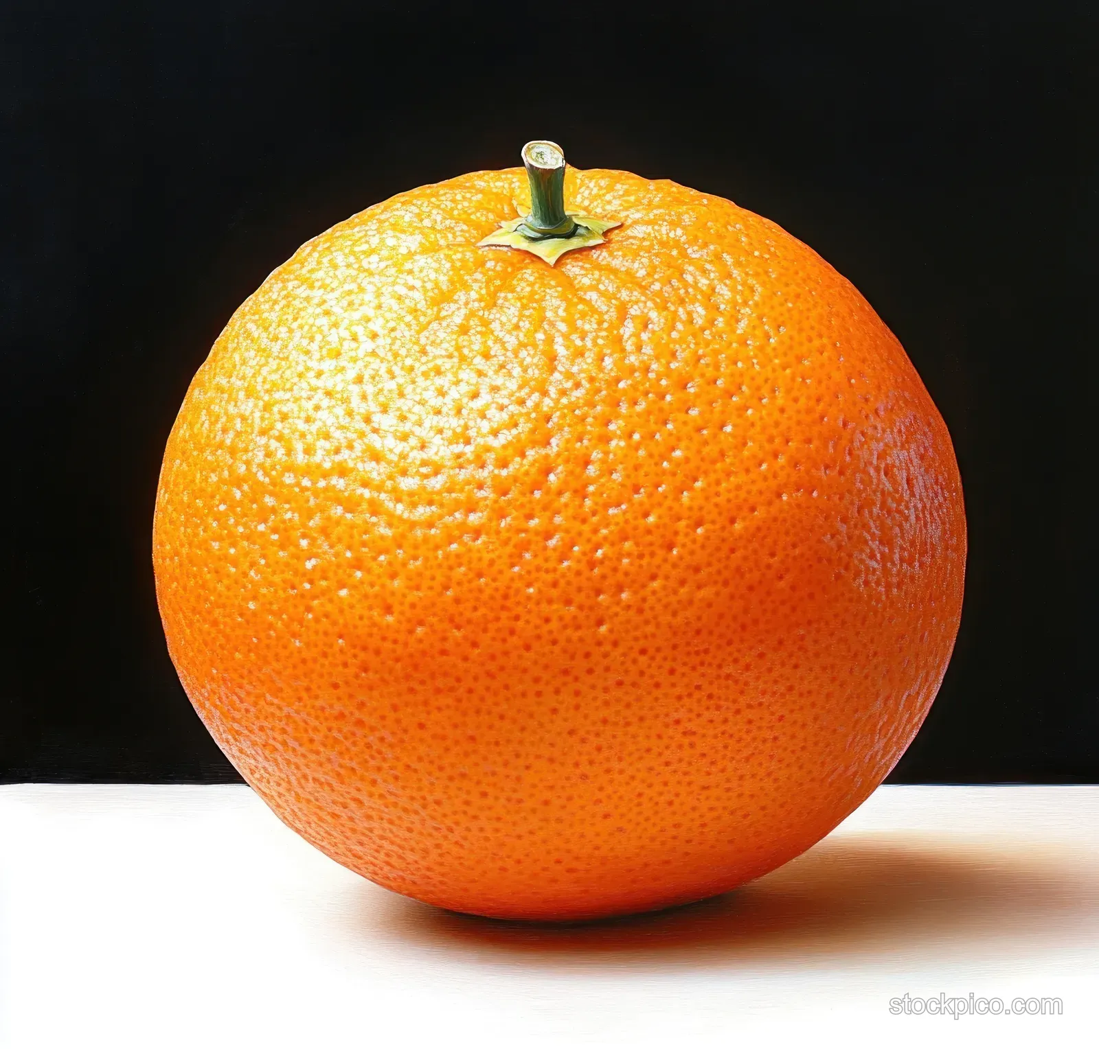 A single ripe orange with textured peel and small stem sits on a contrasting black-and-white studio background.