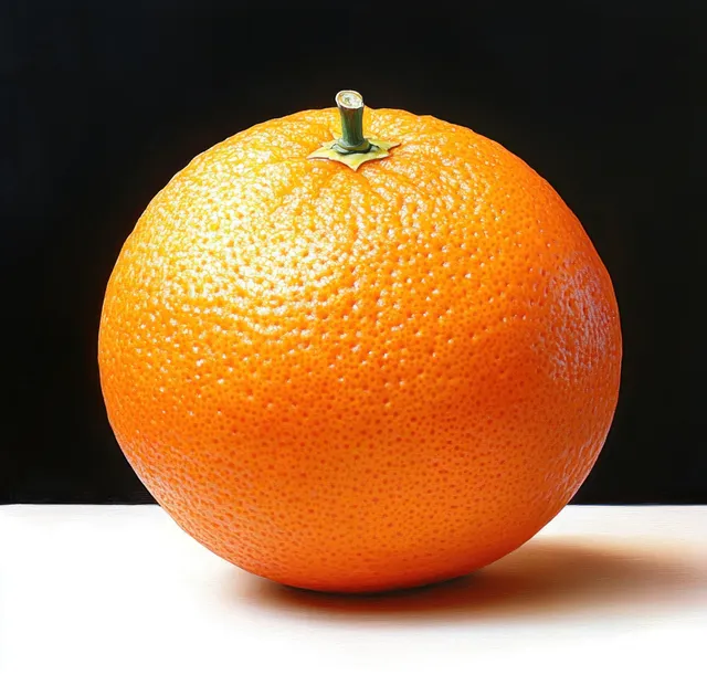 Single ripe orange fruit in close-up, textured peel on black-and-white studio backdrop