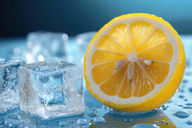 Close-up of a fresh lemon half beside melting ice cubes with water droplets on a reflective surface.