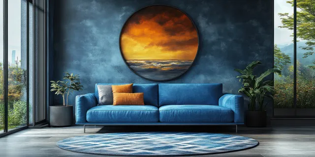 Minimalist living room with a blue sofa, sunrise wall art circle, rug, and plants near tall windows.