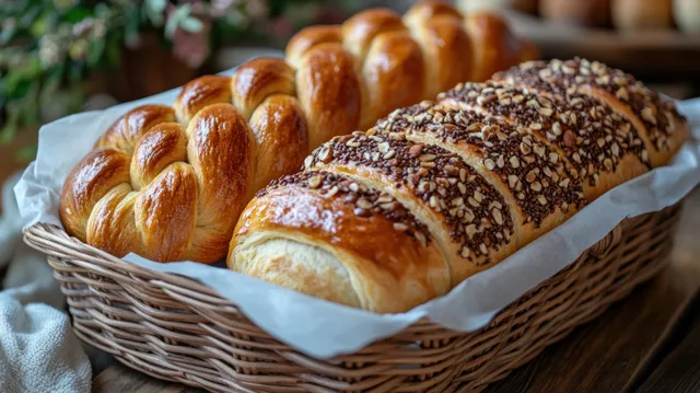 Golden croissants and a seeded loaf sit in a wicker basket lined with parchment on a rustic table.