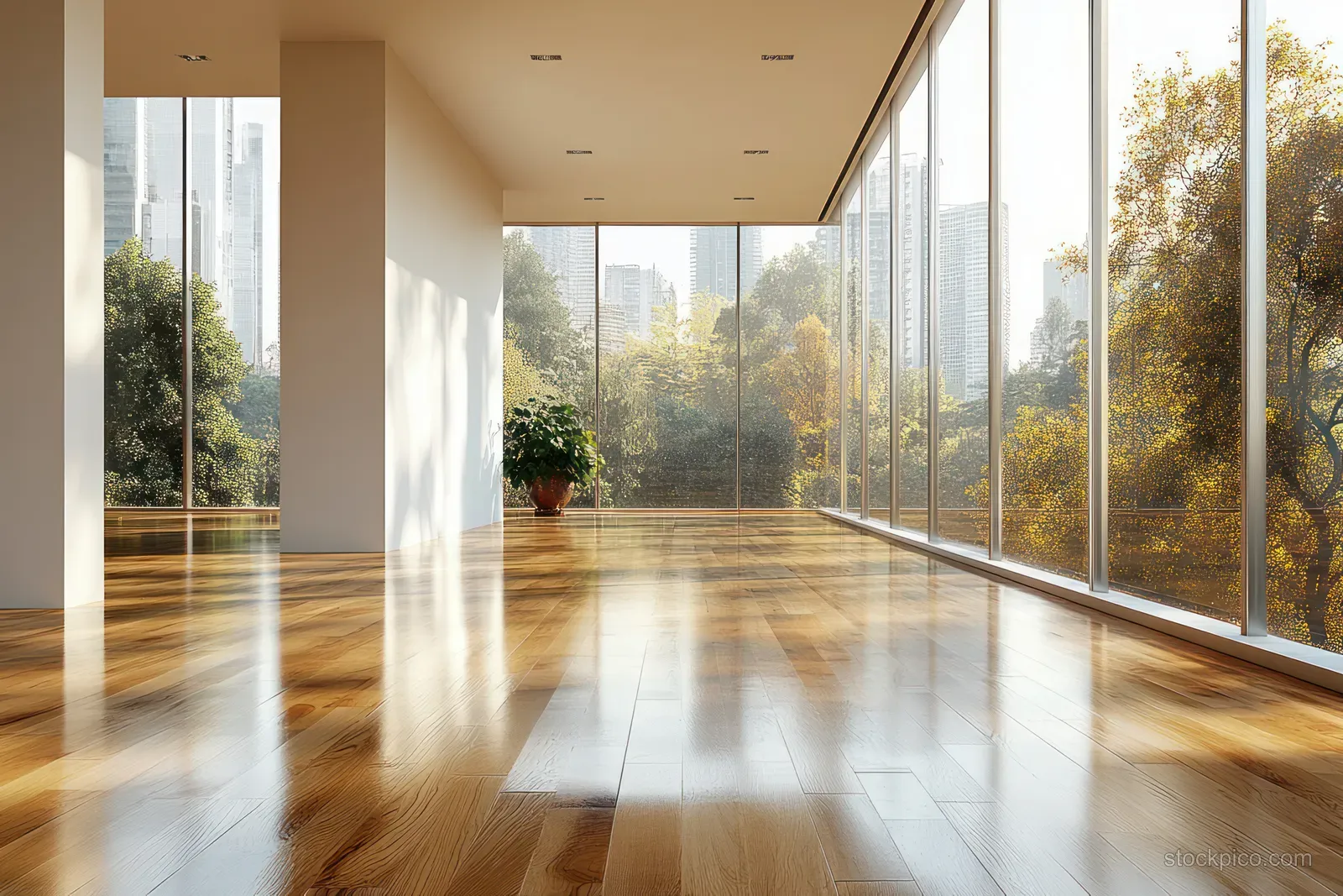 Empty bright Scandinavian room with tall windows and a polished wooden floor catching sunlight.