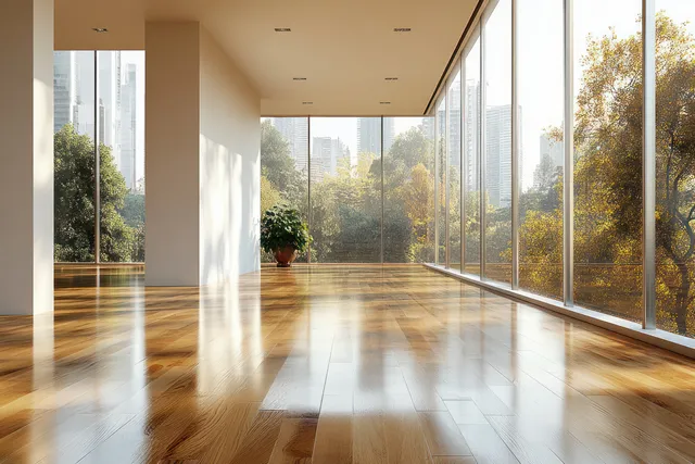 Empty bright Scandinavian room with tall windows and a polished wooden floor catching sunlight.