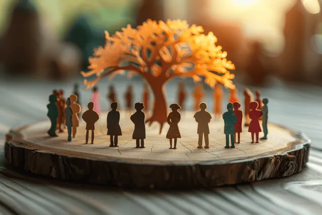 Wooden platform with silhouetted people gathered around a central tree in warm sunlight