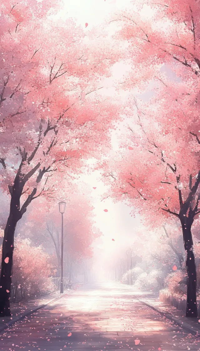 Watercolor illustration shows a misty cherry blossom path with pink trees and drifting petals under soft sunlight.