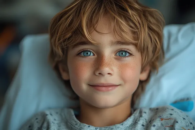 Smiling bald child lying in a cancer hospital bed, warm supportive clinic lighting