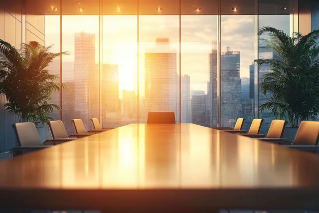 Blurred boardroom table and chairs with panoramic windows glowing in warm sunrise light above a city skyline.