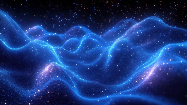 Glowing blue wave-like particle trails ripple across a dark starry background with scattered sparkling lights.