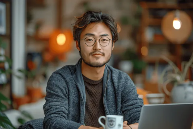A man with glasses holds a coffee cup while working on a laptop at a desk in a cozy home office.
