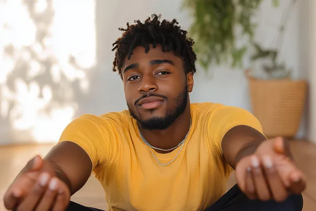 Young man with curly hair and beard reaching forward with both hands in a bright room