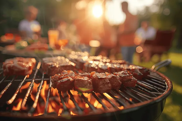 Close-up of skewered meat sizzling on a backyard barbecue grill during evening gathering