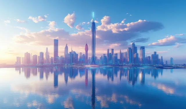 Futuristic skyscraper skyline reflecting in calm water at sunset, glowing city horizon