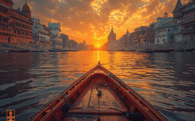 Wooden boat on the Ganga River in Varanasi with ancient ghat buildings and temple spires at sunset.