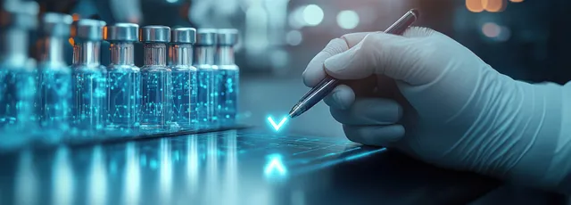 Gloved hand holding a pen for quality control beside glowing blue vials in a high-tech lab.