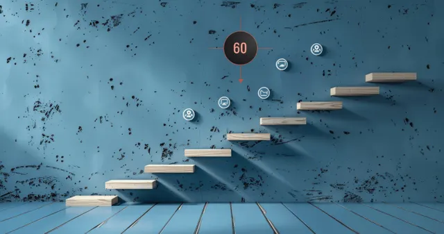 A wooden staircase with rising steps and target icons sits against a blue blueprint-style background.