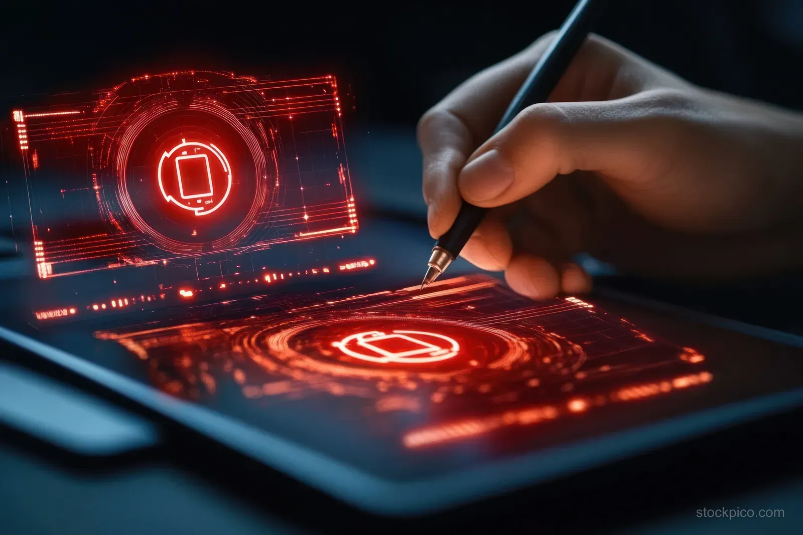 A hand uses a stylus on a tablet with glowing red security icons.