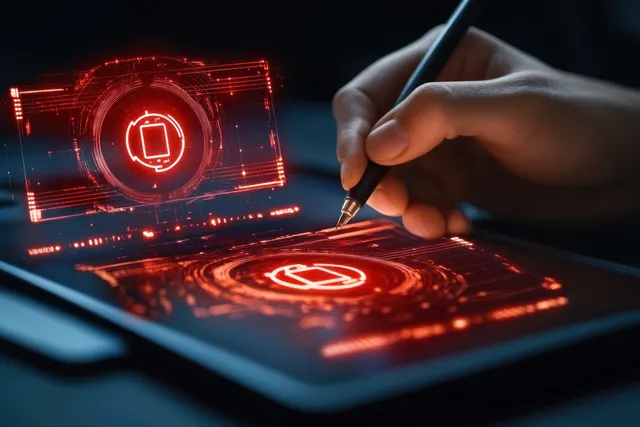 A hand uses a stylus on a tablet with glowing red security icons.