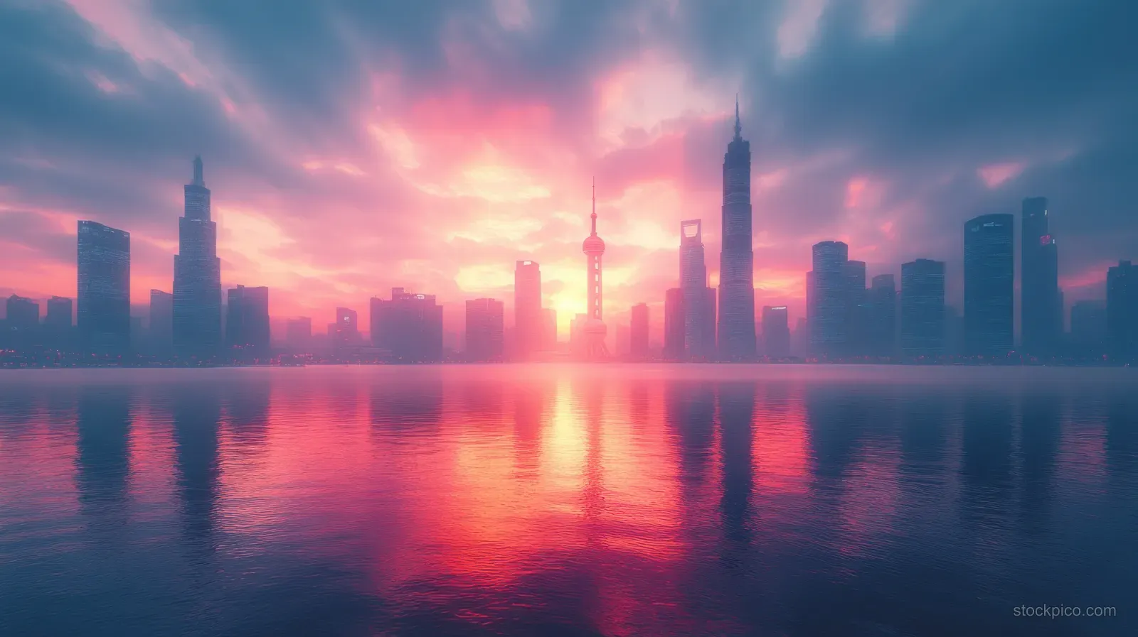 Warsaw skyline at dawn with misty skyscrapers and glowing sunrise reflections on the calm river.