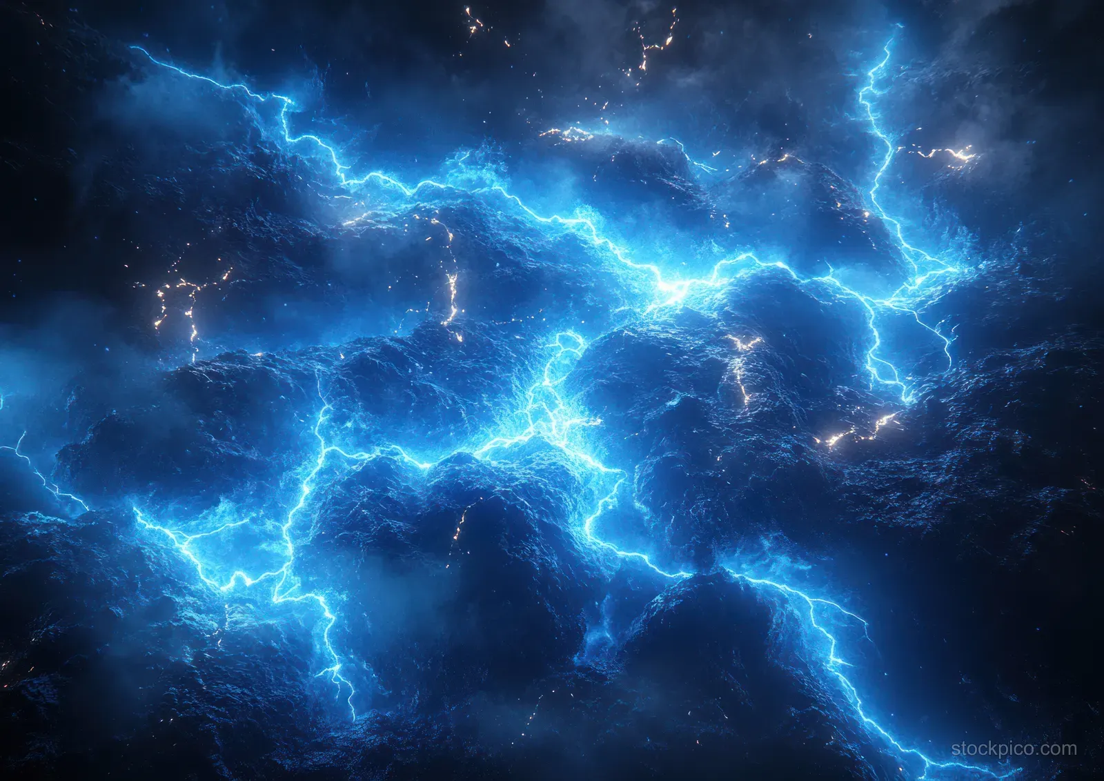 Electric blue lightning bolts crackle across dark clouds with glowing energy arcs in a stormy night scene.