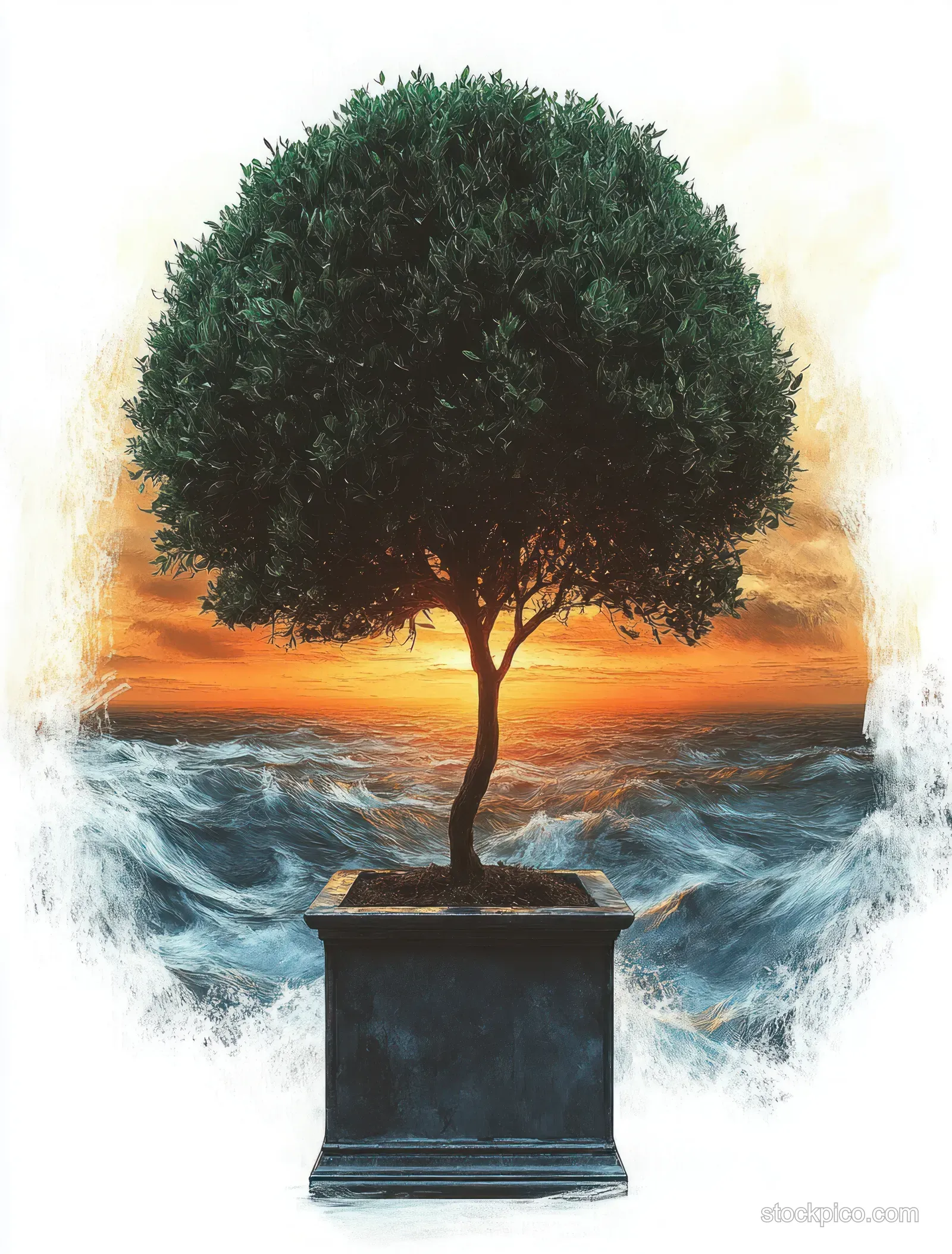 A lush green tree in a square planter stands before ocean waves under an orange sunset sky.