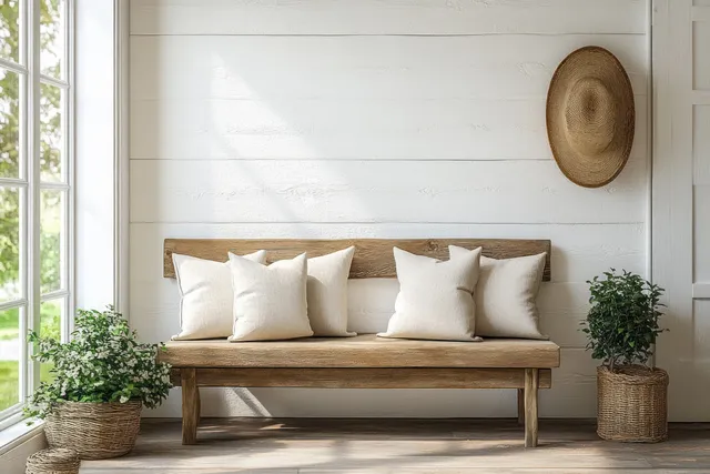 Rustic wooden bench with white cushions against a light wall, sunlit by a nearby window and decorated with small potted plants.