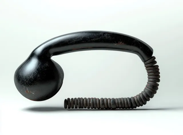 Worn black vintage telephone handset with a coiled cord on a light background.