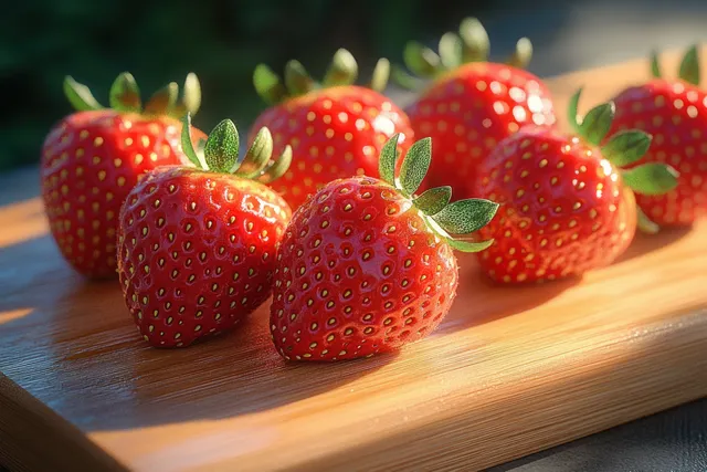 Ripe strawberries with green leaves lined up on a wooden board under warm natural light.