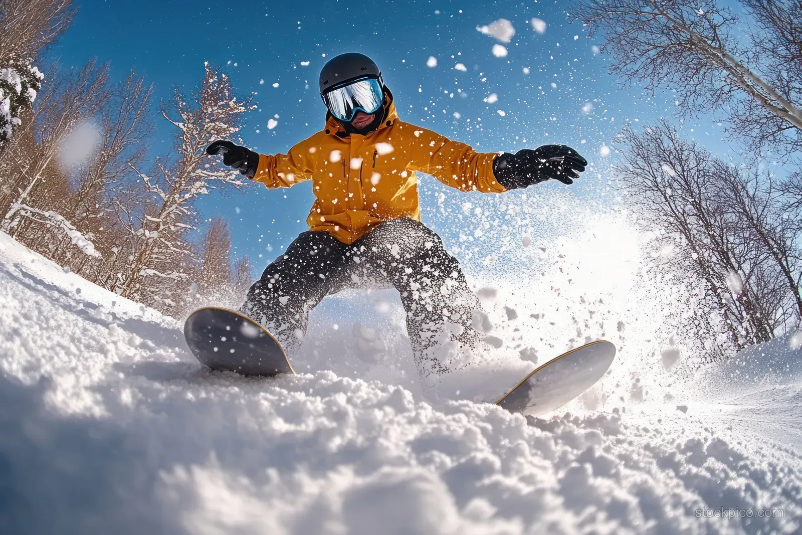 Snowboarder carving through fresh powder on a snowy slope with leafless trees under a clear blue sky.