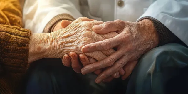 Elderly hands gently clasp each other in a close-up showing wrinkled skin and warm, comforting light.