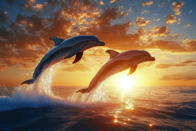 Two dolphins leap from ocean waves during vibrant orange-gold sunset with water spray