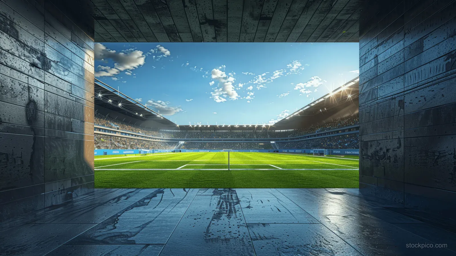 Modern stadium entrance showcases a vibrant green soccer field filled with enthusiastic fans under cinematic lighting.