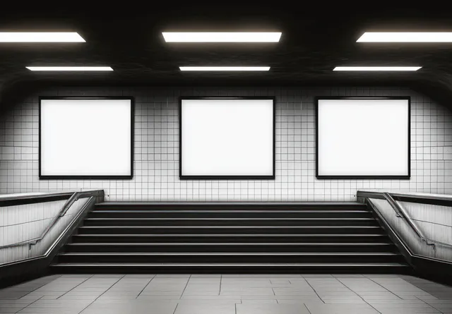 Underground metro station interior with stairs, tiled walls, steel handrails, bright lights, and three blank advertisement panels.