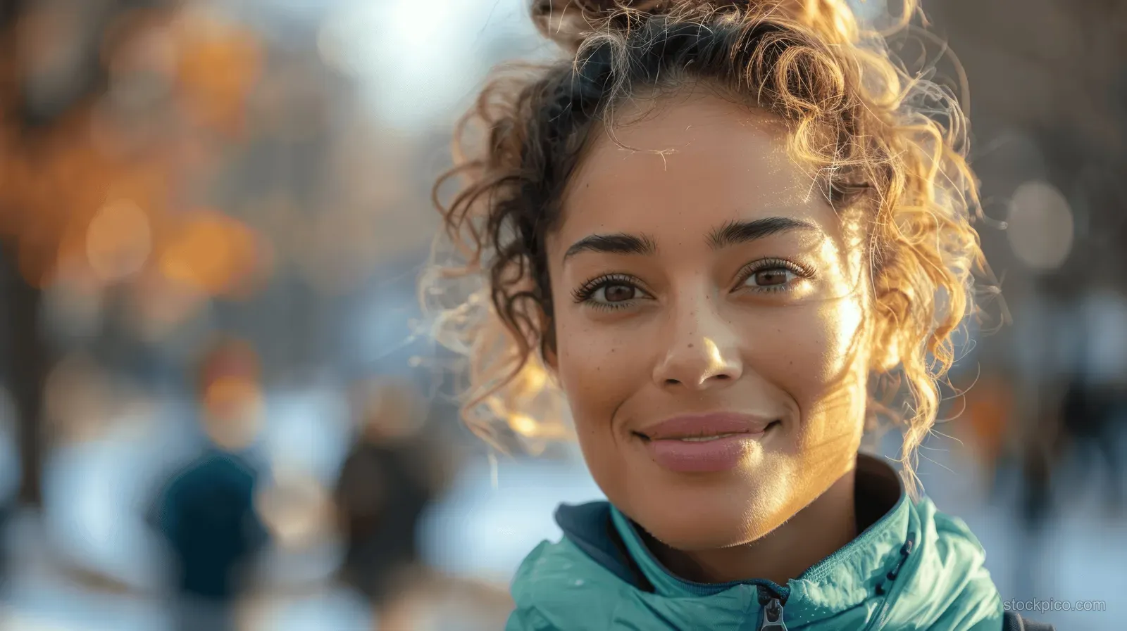 A smiling woman with curly blonde hair in bright green running clothing outdoors in golden hour light.